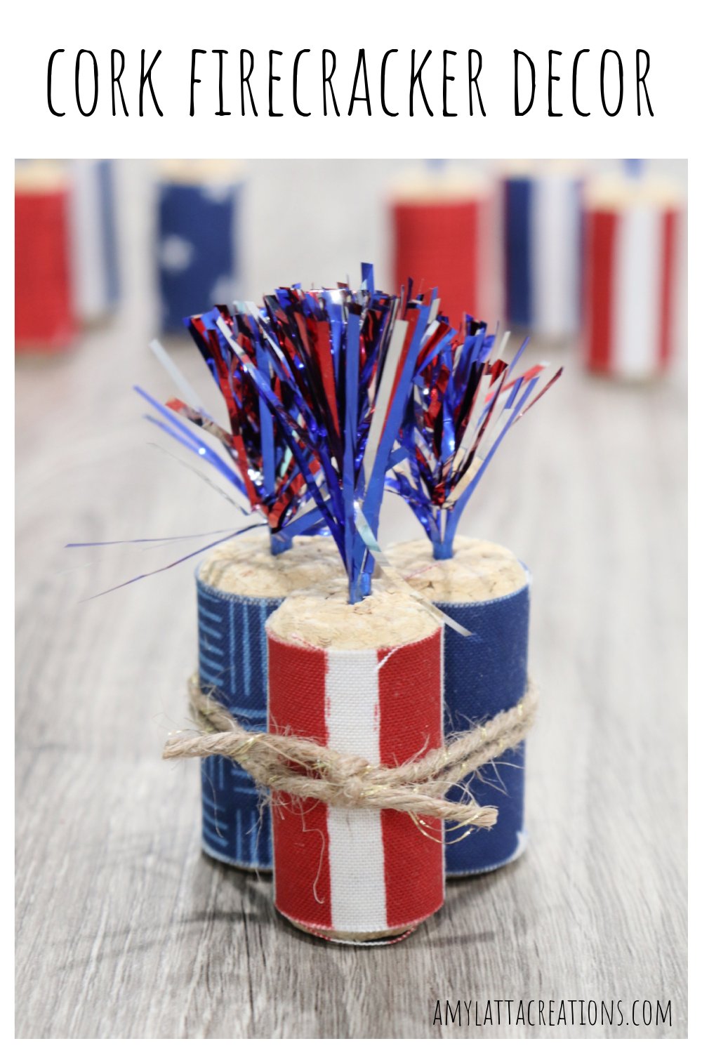 Image is a collage made from a photo of the finished cork firecracker project and the post title, intended for Pinterest.