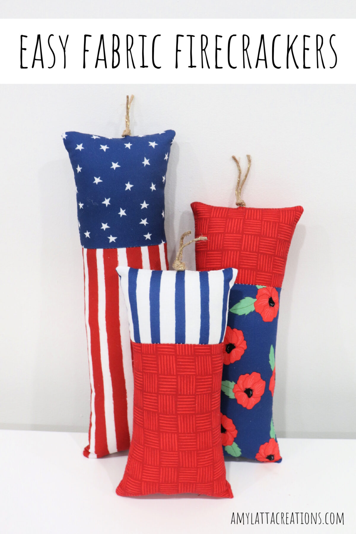 Image contains three plush firecrackers made from fabric and Poly-Fil.