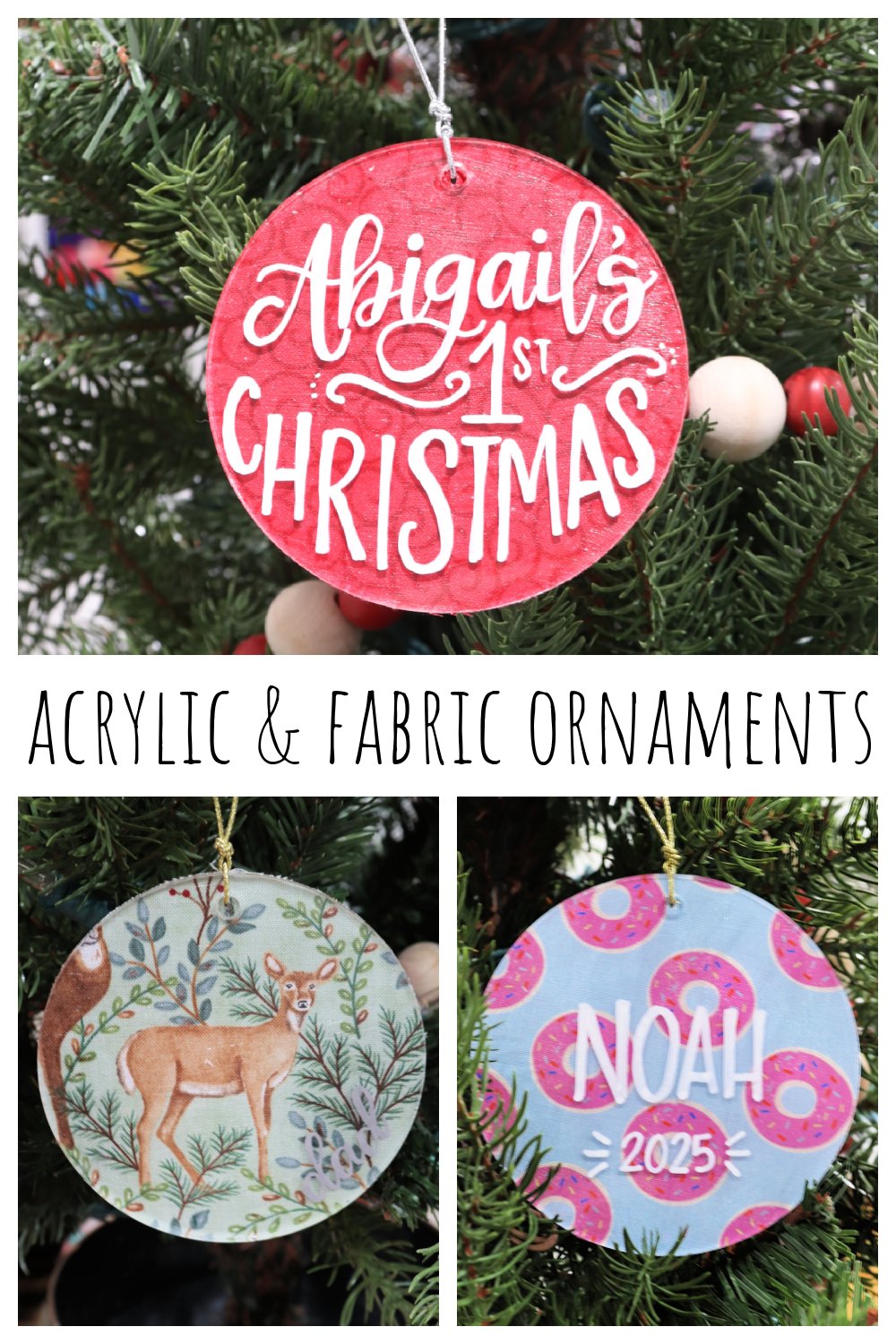 Image is a collage of three ornaments made from acrylic blanks and assorted fabrics, intended for Pinterest.