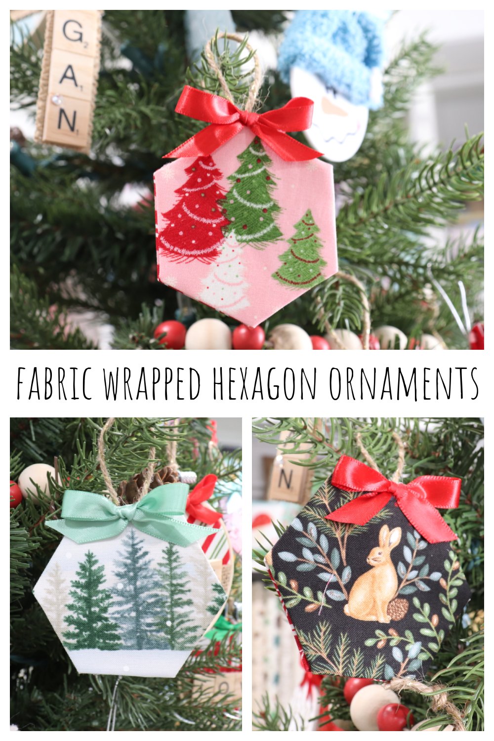 Image contains three fabric wrapped hexagon ornaments in a collage along with the project title, intended for Pinterest.