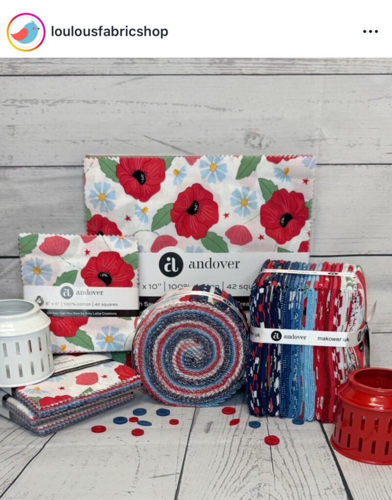 Image contains the Oh Say Can You Sew fabric collection in a variety of precuts: 10” squares, a 2.5” strip roll, a fat quarter bundle, and 5” squares.